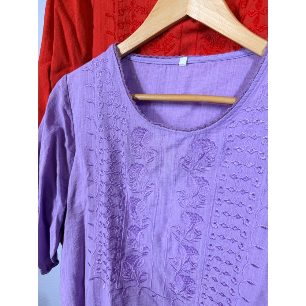 Boho Embroidered Blouses Women L Purple Orange Floral Peasant 2 Pack - Picture 10 of 10
